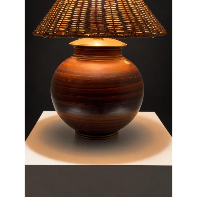 Swedish Modern Ceramic Table Lamp with Wicker Shade by Gunnar Nylund for Rörstrand, 1940 For Sale - Image 3 of 6