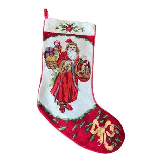 Late 20th Century Vintage Needlepoint Father Christmas Stocking Santa Claus For Sale
