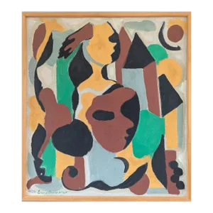 Mid-Century Modern "Masquerade" Vintage Geometric Abstract Oil Painting by Swedish Artist Edvard Andersson (1891-1967), Framed