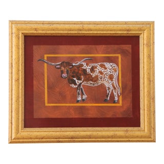 Longhorn Bull Steer Cow Western Americana Folk Art English Traditional Sienna White Burgundy Original Oil Painting Cleo Plowden For Sale