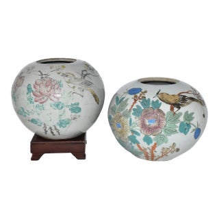 Pair Late 19th Century Chinese Ching Qing Dynasty Porcelain Vases Bird Flower Motif For Sale