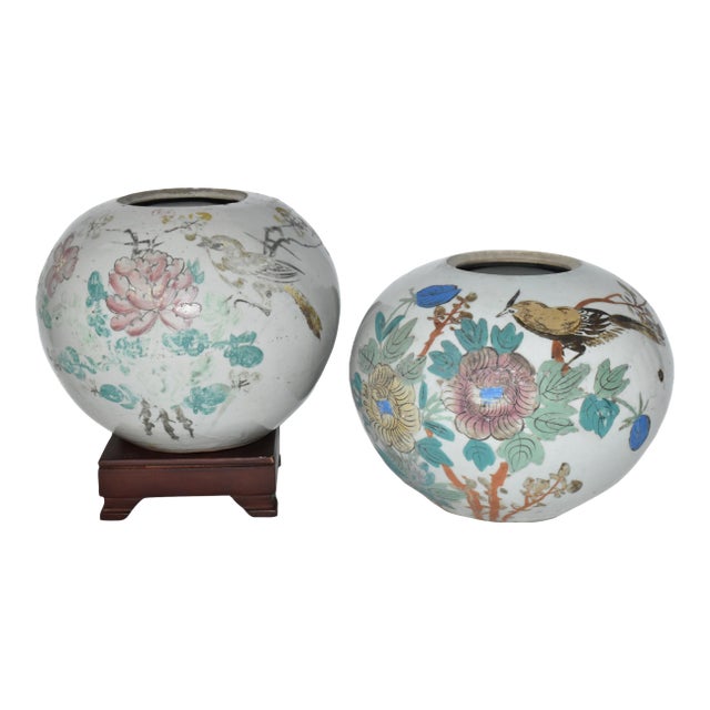 Pair Late 19th Century Chinese Ching Qing Dynasty Porcelain Vases Bird Flower Motif For Sale