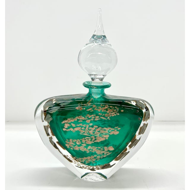 Glass Vintage Mid Century Emerald and Gold Hand Blown Art Glass Perfume Bottle With Clear Glass Stopper For Sale - Image 7 of 7