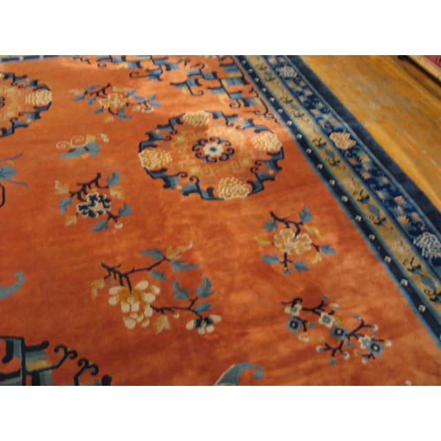 Lovely Salmon and Blue Color With Flower Design Vintage Chinese Peking Rug For Sale - Image 4 of 5