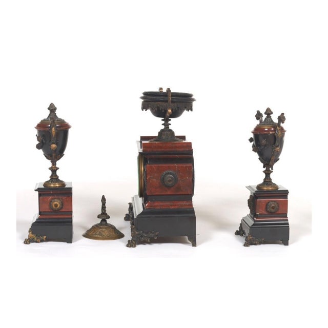 Antique Samuel Marti French Rouge Marble &Bronze 8 Day Mantle Clock Garniture For Sale - Image 12 of 14
