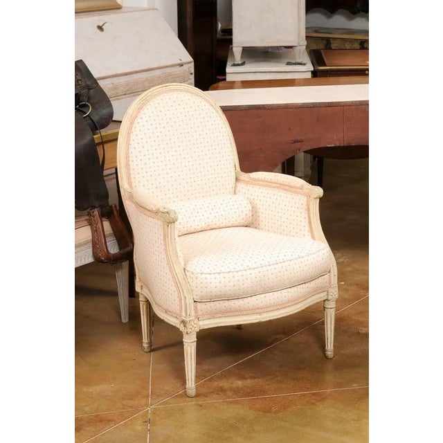 Beige Late 19th Century French Louis XVI Style Painted Bergères Chairs with Oval Shaped Backs - A Pair For Sale - Image 8 of 13