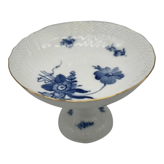 Royal Copenhagen "Blue Flowers" Gold Rimmed Porcelain Compote or Cake Stand For Sale