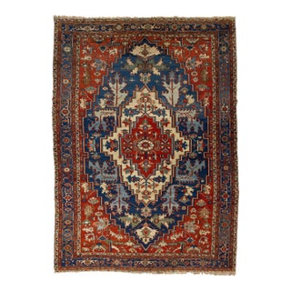 Red Antique Persian Serapi Handmade Wool Rug Featuring a Medallion Design For Sale