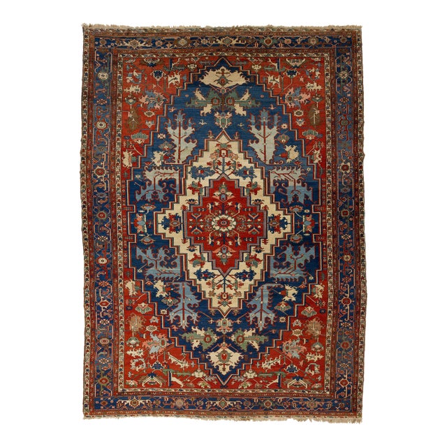 Red Antique Persian Serapi Handmade Wool Rug Featuring a Medallion Design For Sale