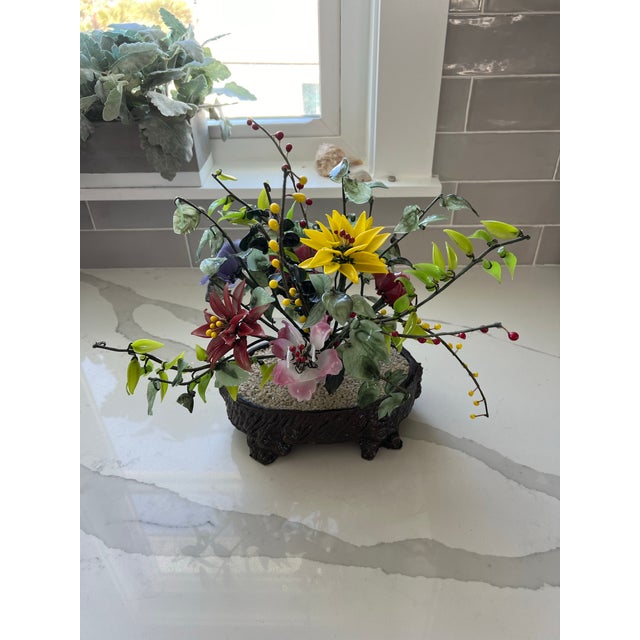 Gemstone Mid Century Gemstone & Jade Floral Arrangement For Sale - Image 7 of 9
