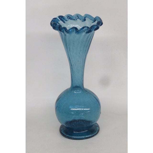 Small Aqua Blue Vase Mexican Hand Blown Art Glass With Fluted Ruffle Rim 4742b For Sale - Image 14 of 14