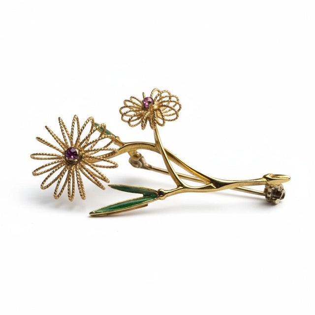 Gold 1970s 18k Yellow Gold Ruby and Enamel Floral Brooch Vintage Handcrafted Treasure For Sale - Image 8 of 9