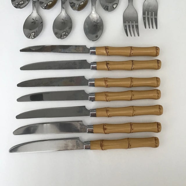 Bamboo Vintage Tableware Bamboo Handle Stainless Flatware Set of 16 Pieces For Sale - Image 4 of 10