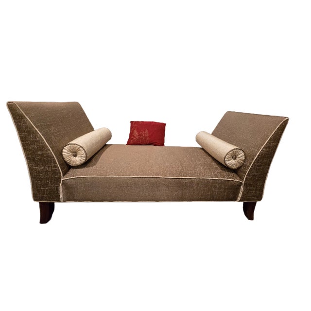 Beautiful custom raw‑silk daybed/chaise lounge featuring a sculptural silhouette, comfortable seating, and two matching...