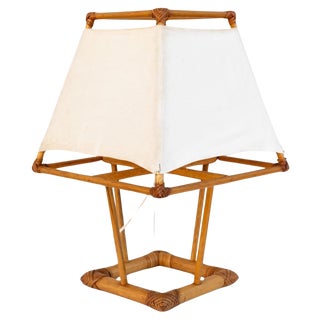 Wood and Rattan Table Lamp, 1970s For Sale
