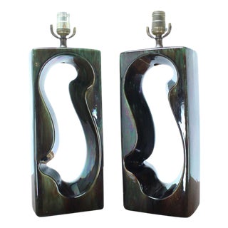 Pierced Cube Shape Glazed to High Gloss Pottery Table Lamps MINT! For Sale