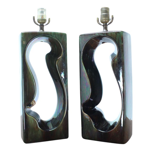 Pierced Cube Shape Glazed to High Gloss Pottery Table Lamps MINT! For Sale