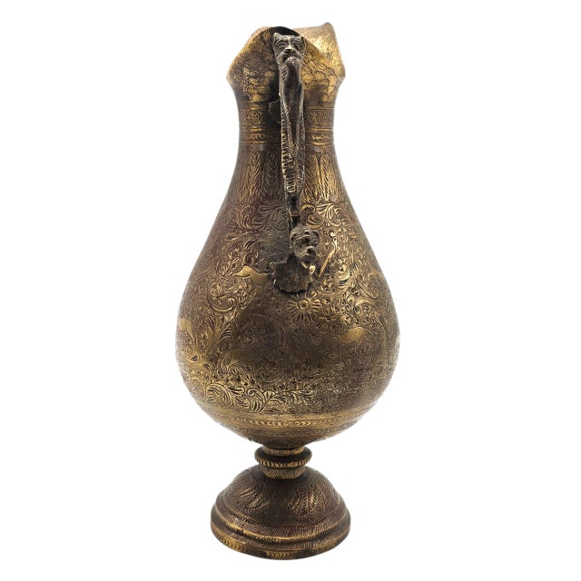 Metal 19th Century Islamic Arabic Engraved Brass Jug With Figural Handle For Sale - Image 7 of 13