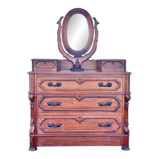 Antique Victorian Black Walnut Carved Chest of Drawers For Sale