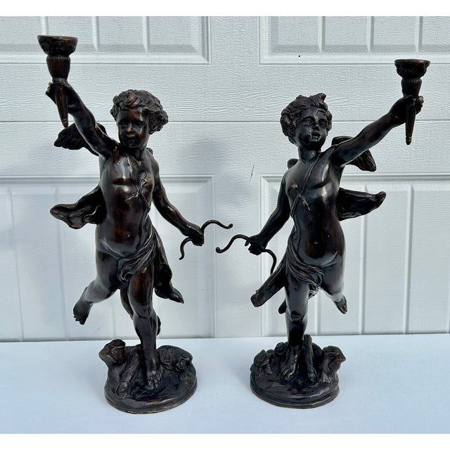 Vtg. Large Bronze Neo-Classic Style Cherub Candle Holders For Sale - Image 4 of 14