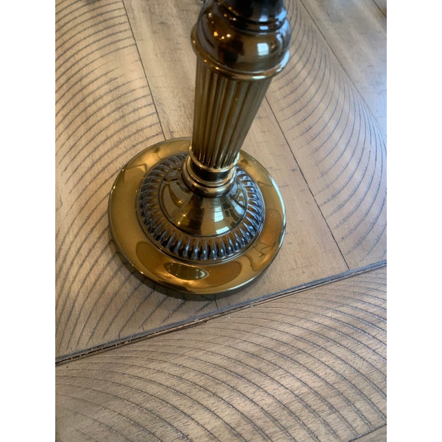 Hollywood Regency Vintage Alsy Hollywood Regency Cut Glass & Antiqued Brass Finish Table Candlestick Lamps With Pleated Shade and Solid Ball Finals - a Pair For Sale - Image 3 of 13