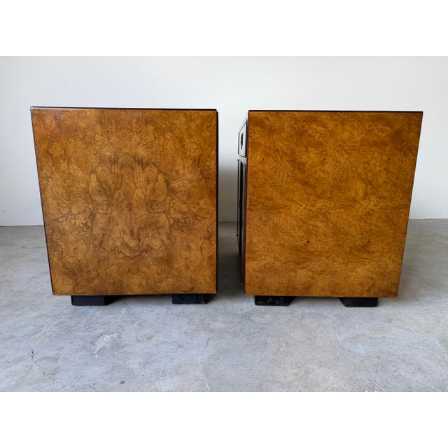 Pair of Vintage John Widdicomb Burl Wood Veneer & Brass Nightstands/ Sold For Sale - Image 11 of 12