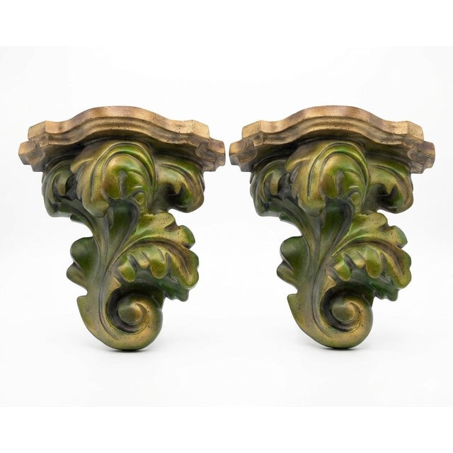 Vintage Palm Beach Regency Bespoke Parcel Gilt Antiquated Palm Bronze Brackets by Turtle and Crane -a Pair Newly Painted For Sale - Image 9 of 11