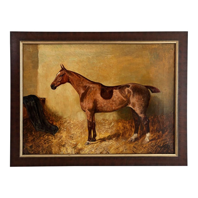 Antique Horse Painting Attributed to Alfred Grenfell Haigh “Chestnut Hunter in a Loose Box” Oil on Canvas, 1910s For Sale