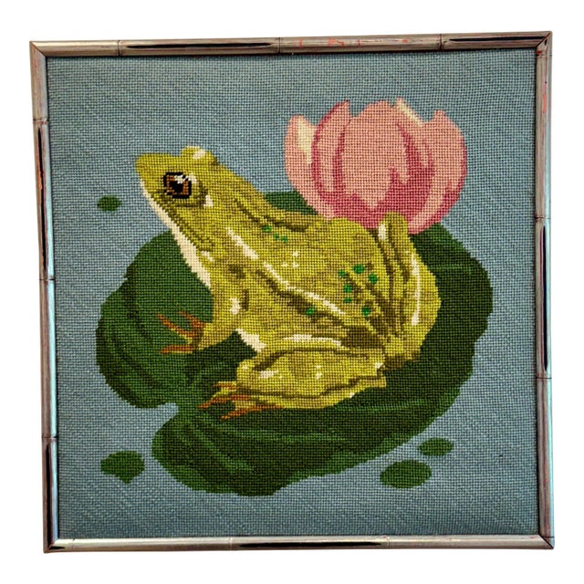 Framed Needlepoint of Frog on Lily Pad For Sale