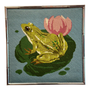 Framed Needlepoint of Frog on Lily Pad