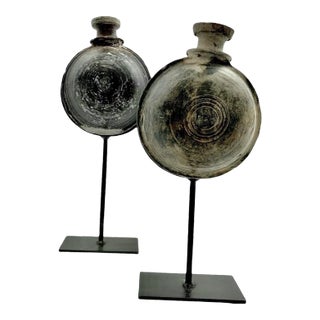 Vintage Pair Clay Pot Vase on Metal Stand For Sale