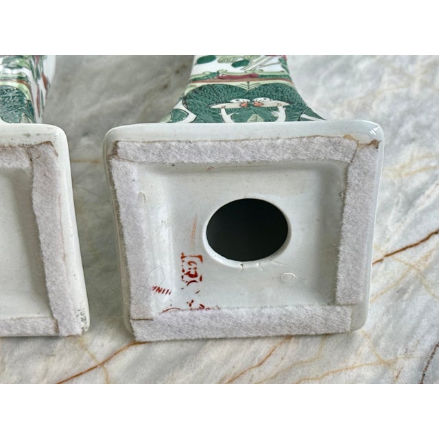 Vintage Chinese Famille Verte Bok Choy Porcelain Candlestick Holders - A Pair For Sale In New York - Image 6 of 14