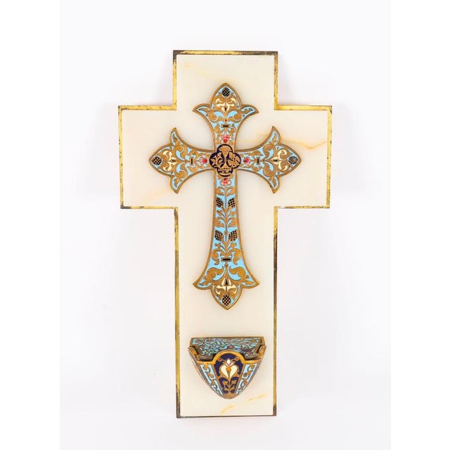 Antique French Alabaster Champleve Enamel Holy Water Font Stoop, 1800s For Sale - Image 9 of 18