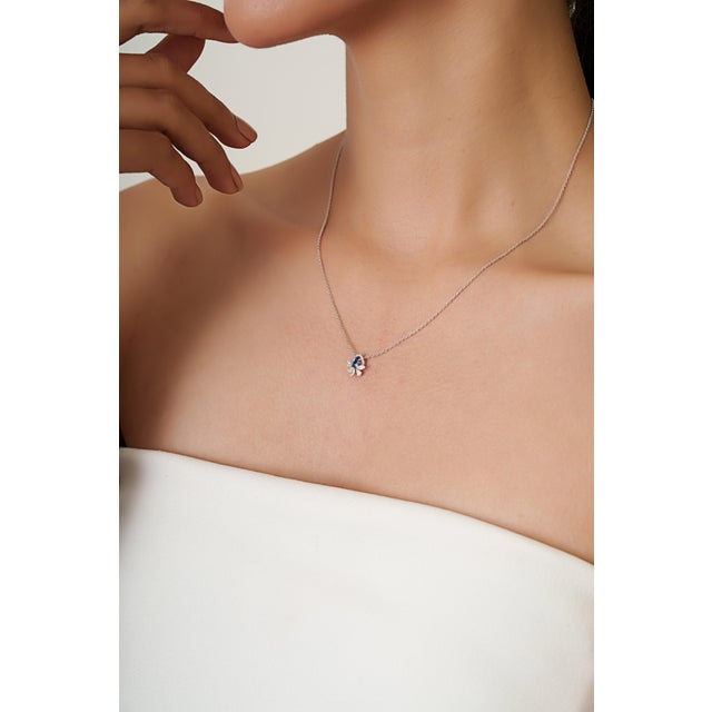 Vintage-Inspired Blue Sapphire & Diamond Floral Pendant Necklace 14k White Gold For Sale - Image 9 of 14