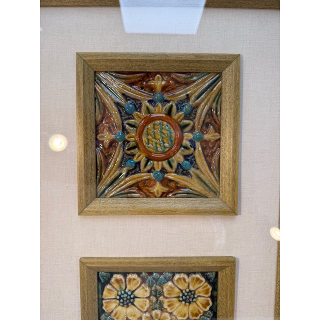 Late 19th–early 20th Century, Three Colorful Antique French Majolica Tiles, Newly Framed With Linen Mat For Sale In Jacksonville, FL - Image 6 of 12