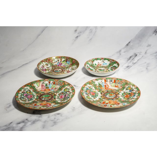 Wonderful Collection (4) Antique Chinese Export Small Rose Medallion Porcelain Plates Hand Painted Famille Rose Chinoiserie Home Decor For Sale - Image 4 of 18