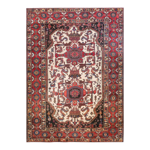 1900s Ivory Medallion Tribal Antique Persian Bakhtiari Rug 12' 6" X 17' 4" Handknotted Wool Carpet For Sale