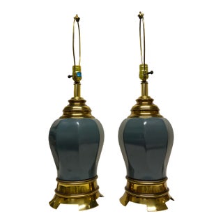 Enamel & Brass Finish Cast Metal Urn Shaped Table Lamps a Pair For Sale