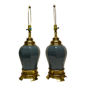 Enamel & Brass Finish Cast Metal Urn Shaped Table Lamps a Pair