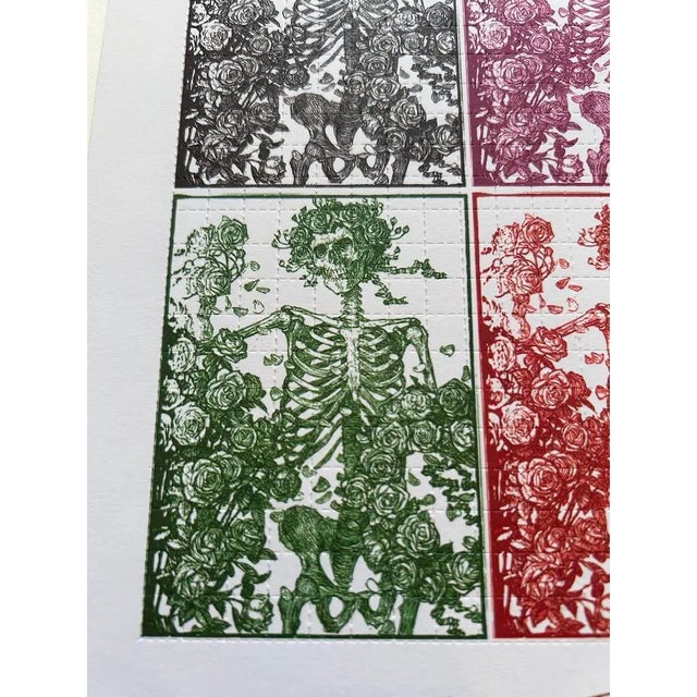 Paper Stanley Mouse Signed "Bertha" Skull & Roses Blotter Art | Multi-Color Printed, Grateful Dead Icons C .2000 For Sale - Image 7 of 9