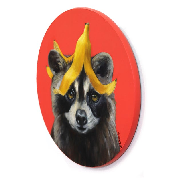 Contemporary Raccoon With Banana Bangs - Original Surreal Raccoon Animal Pop Art Oil Painting For Sale - Image 3 of 8