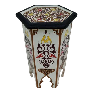 Moroccan Hexagonal Hand Painted Wooden Side Table in White Zouak