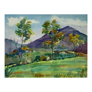1930s Double-Sided Landscape Watercolor Paintings, Mountains and Harbor Docks