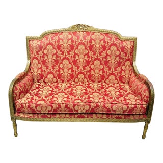 French Louis XVI Style Gold Red Upholstered Settee Sofa Loveseat Decorator Chair For Sale