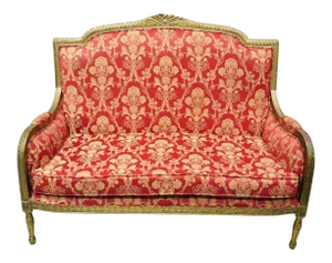 French Louis XVI Style Gold Red Upholstered Settee Sofa Loveseat Decorator Chair