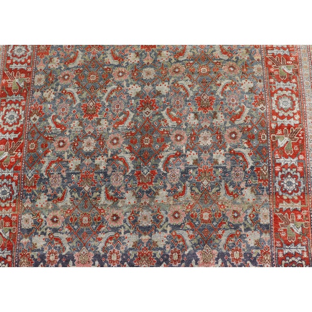 Antique Persian Bidjar Gallery Rug With Blue-Grey Field and Red Herati Design For Sale - Image 11 of 14