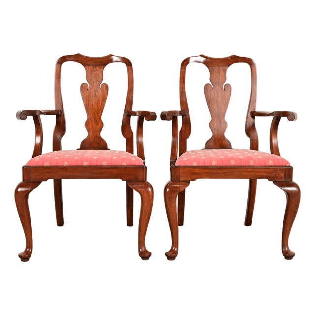Henkel Harris Queen Anne Solid Cherry Wood Armchairs, Pair For Sale