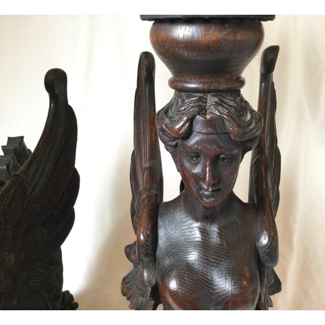 Wood Circa 1880 Pair of Great Hand Carved Wood Winged Caryatids-Griffins Now as Lamps For Sale - Image 7 of 13
