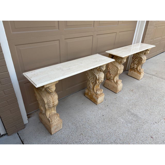 Late 20th Century Late 20th Century Pair of Neoclassical Travertine Consoles With Winged Figural Bases For Sale - Image 5 of 14