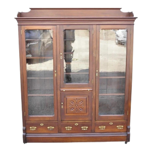 Antique Eastlake Victorian Walnut Wavy Glass Triple Bookcase Display Cabinet